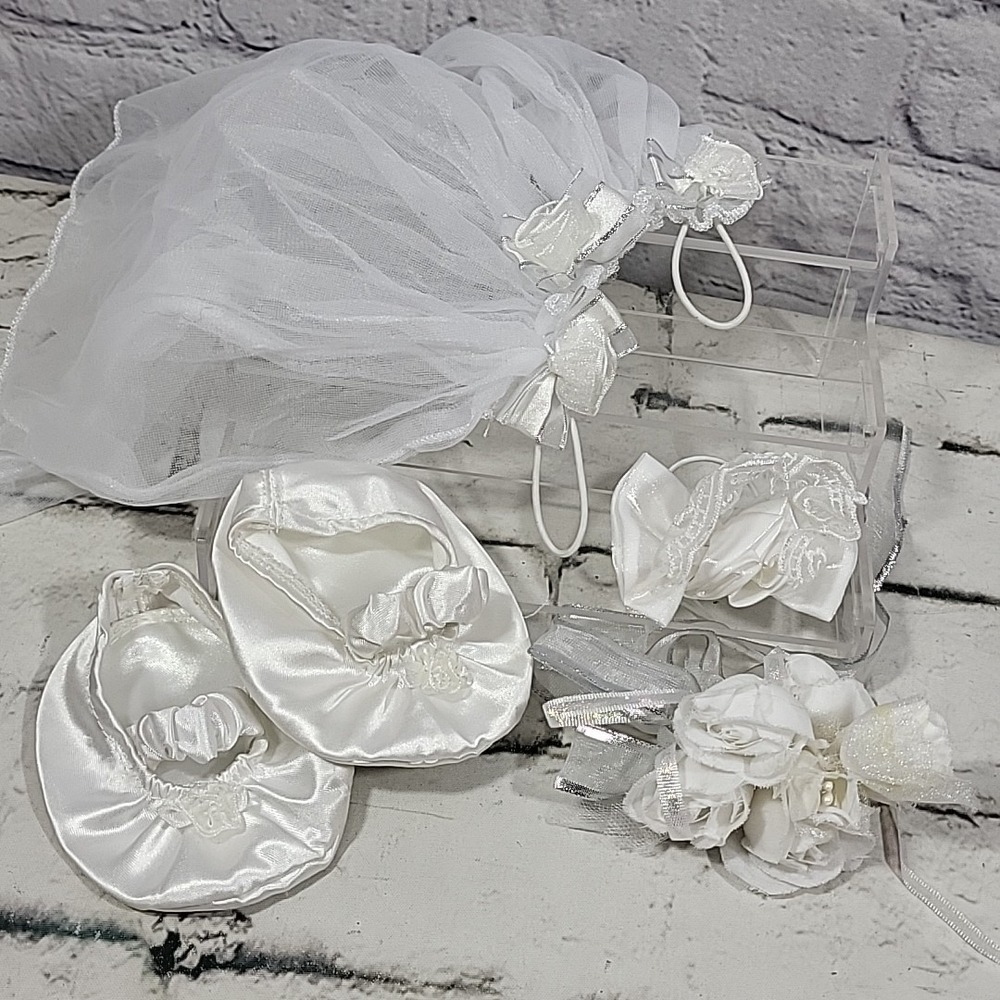 Build A Bear Wedding Bride Accessories Lot‎ White Shoes Veil Bouquet Roses